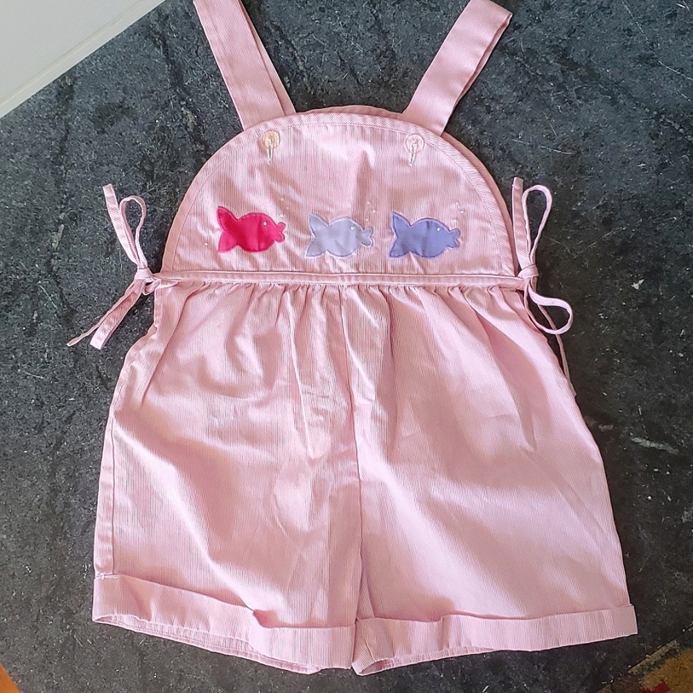80s Seersucker Bubble Romper, Pink White Stripes Shortall Overalls, Summer Fish